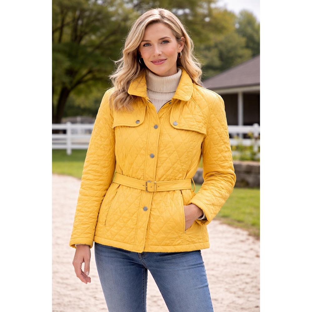Lands End Womens XL Quilted Barn Jacket Yellow Belt Diamond Quilt Equestrian Y2K